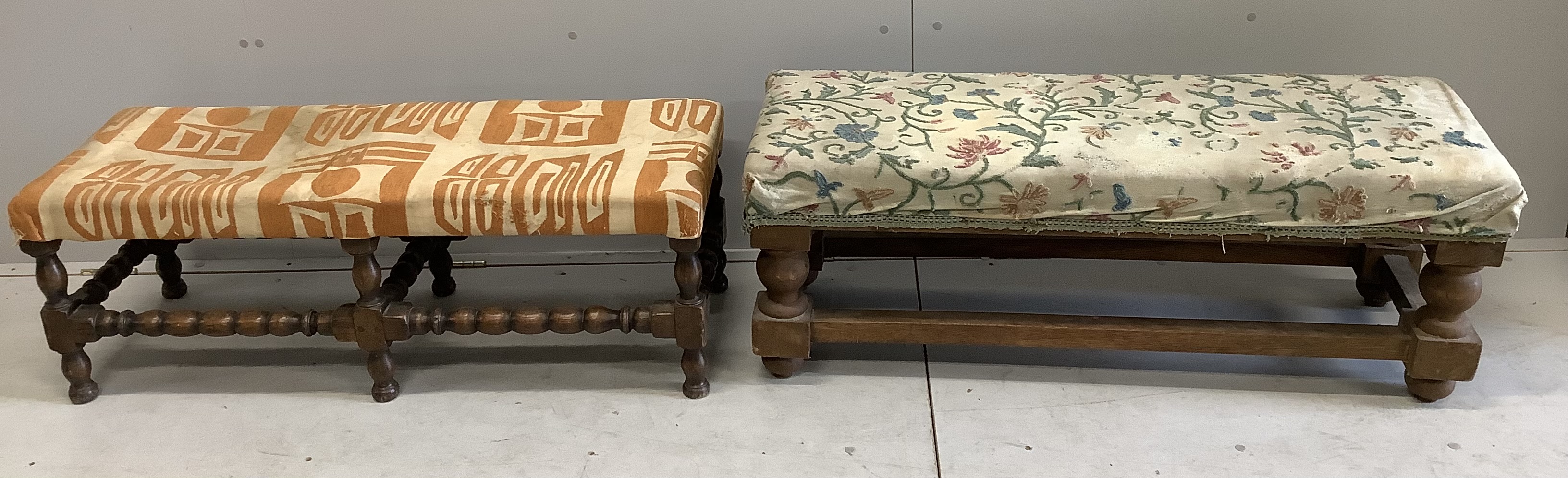 A Queen Anne revival walnut duet piano stool, with hinged box seat, width 93cm, depth 39cm, height 52cm, together with two window seats